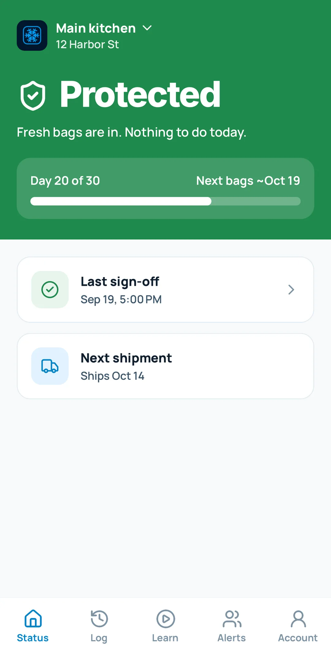 The RD Fresh app showing Protected status, the last bag swap sign-off, and the next shipment.
