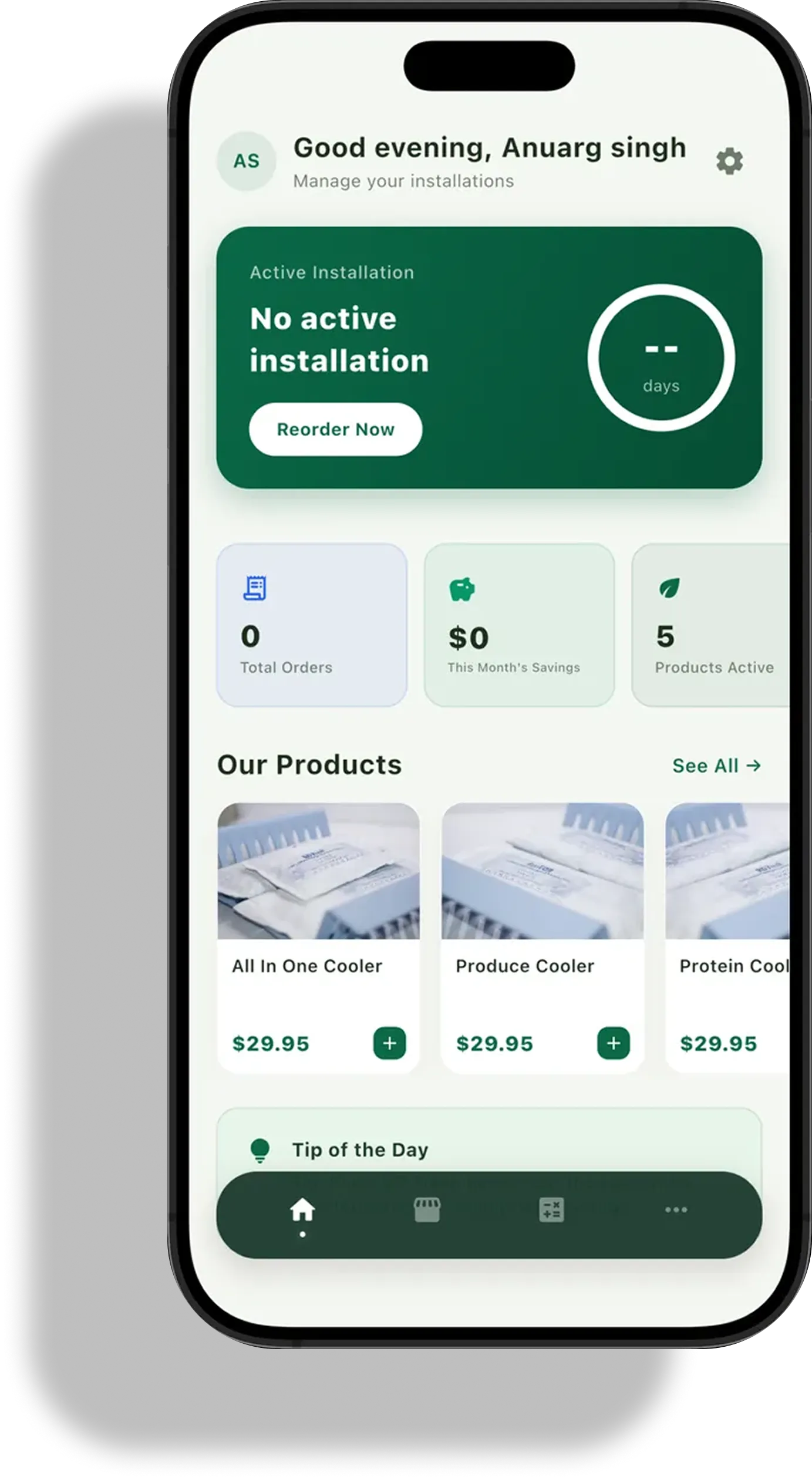The RD Fresh mobile app showing installation status, savings and product reordering.