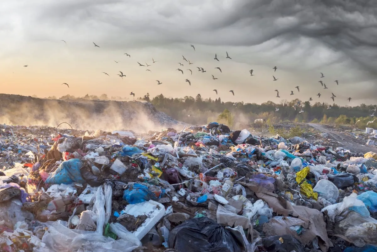 Birds circling above an open landfill piled with discarded waste.