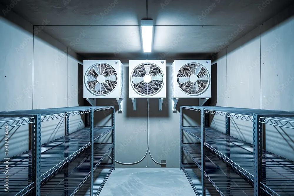 Three evaporator fans mounted on the ceiling of a clean walk-in cooler.