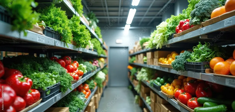 Walk-in cooler shelves stocked with fresh peppers, greens and citrus.