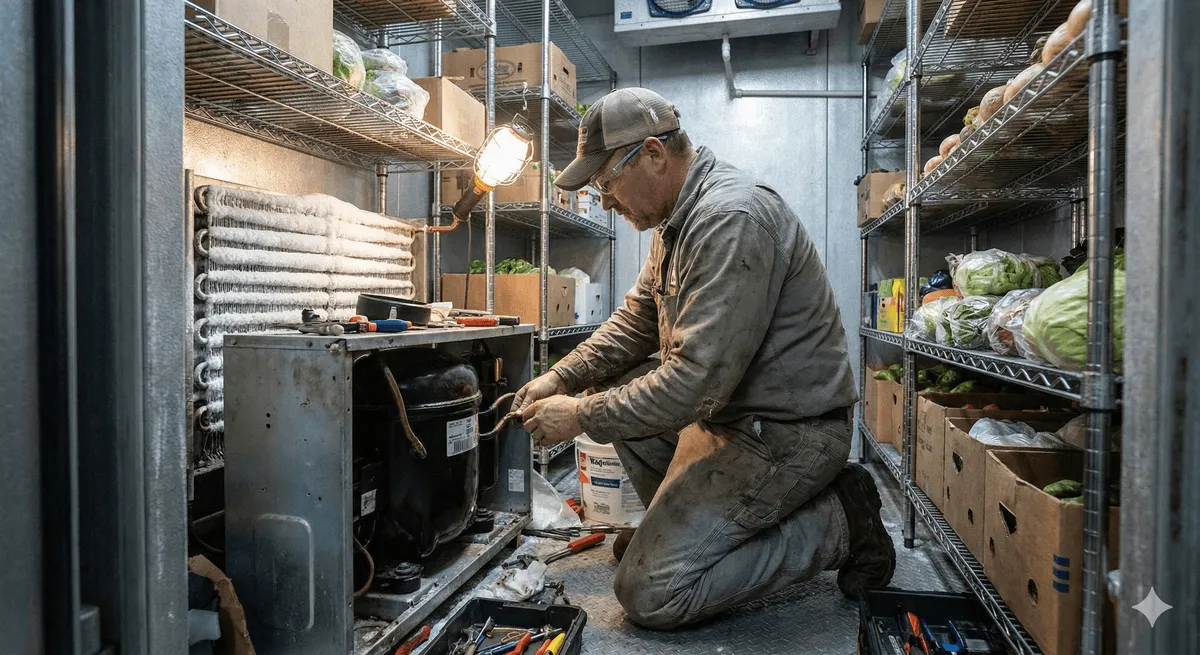 A technician kneeling to repair the compressor unit inside a walk-in cooler.