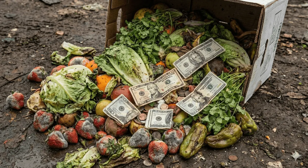 Spoiled produce tipped out of a box with banknotes scattered through it.