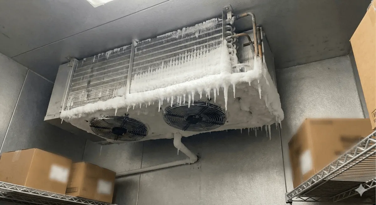 Thick icicles hanging from a frosted evaporator coil in a cooler ceiling.
