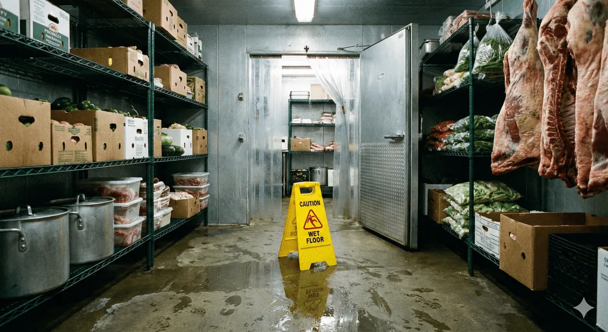 A yellow wet-floor sign standing in a puddle inside a stocked walk-in cooler.