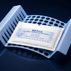 An RD FRESH mineral pouch resting in its light-blue ceiling-mounted tray.