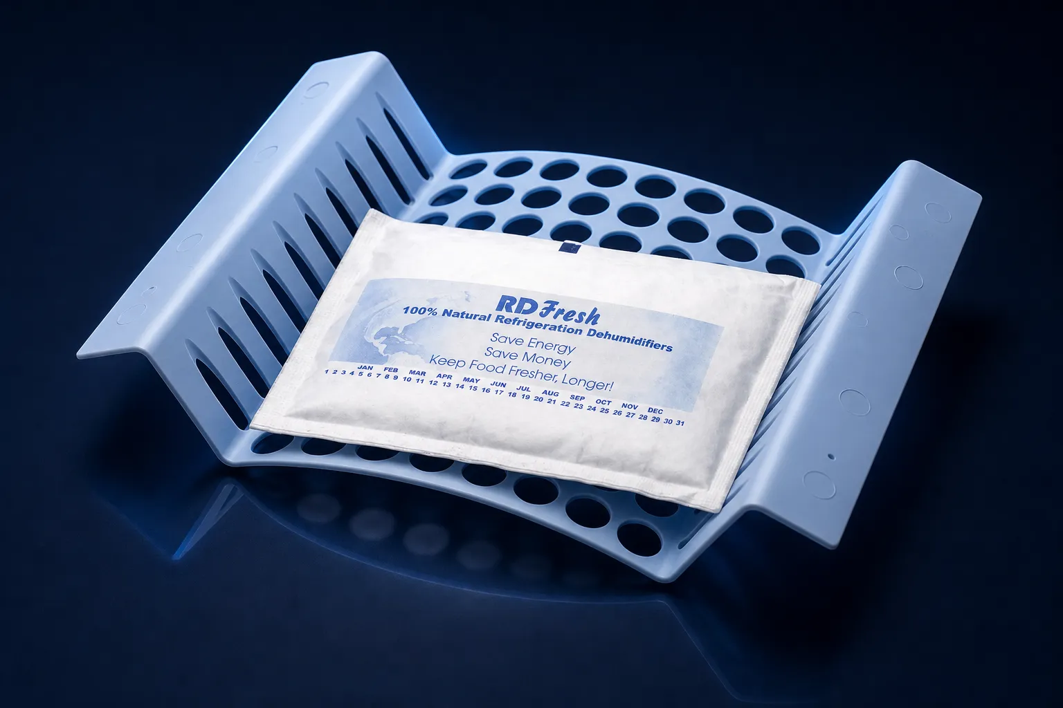 An RD FRESH mineral pouch resting in its light-blue ceiling-mounted tray.