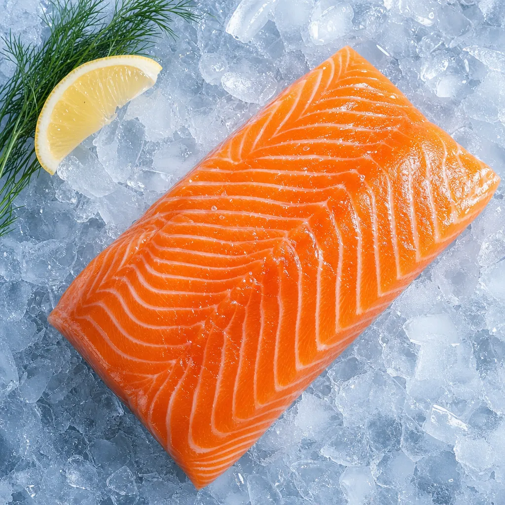 A salmon fillet resting on crushed ice with a lemon wedge.
