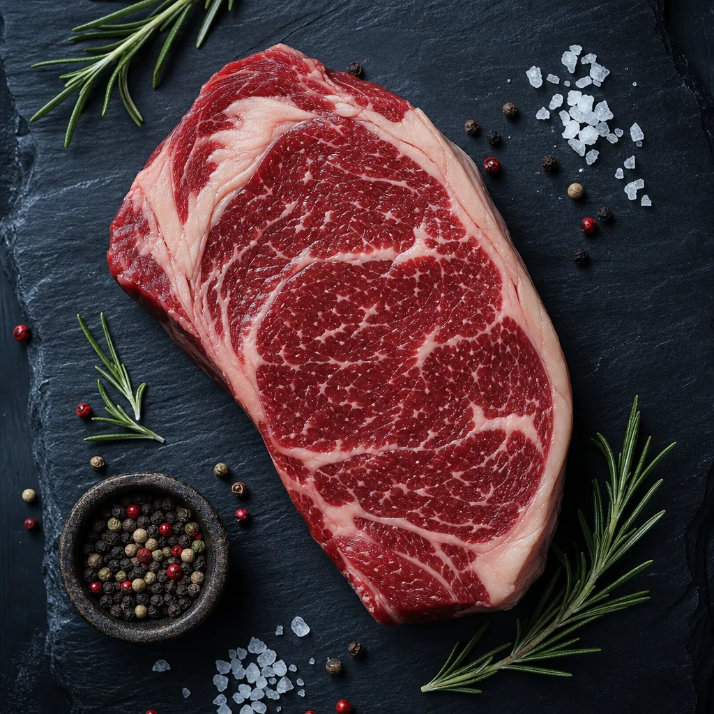 A raw ribeye steak on dark slate with peppercorns and rosemary.