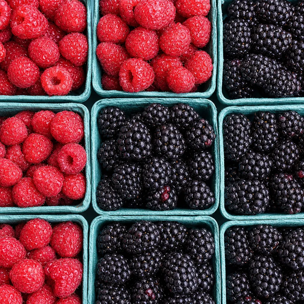Punnets of fresh raspberries and blackberries arranged in a grid.