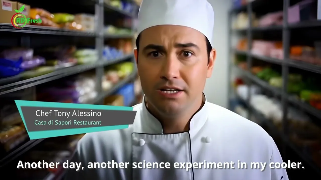 A chef standing in a stocked walk-in cooler, from the RD FRESH explainer video.