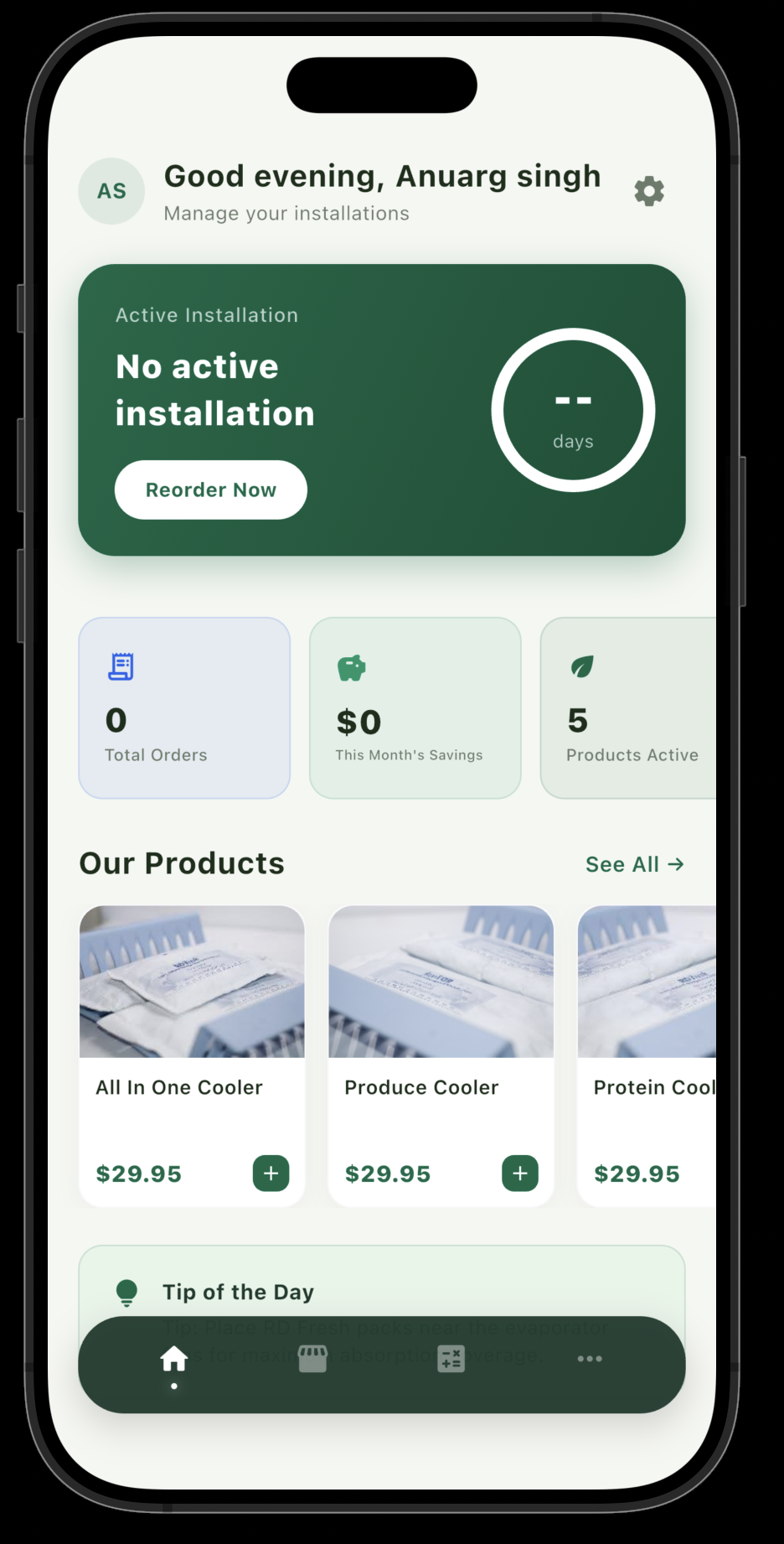 RD Fresh mobile app dashboard preview